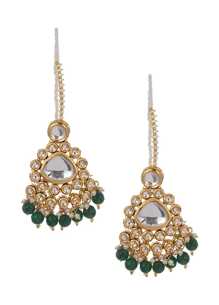 Green Gold Tone Kundan Earrings With Ear Chains - Indian Silk House Agencies
