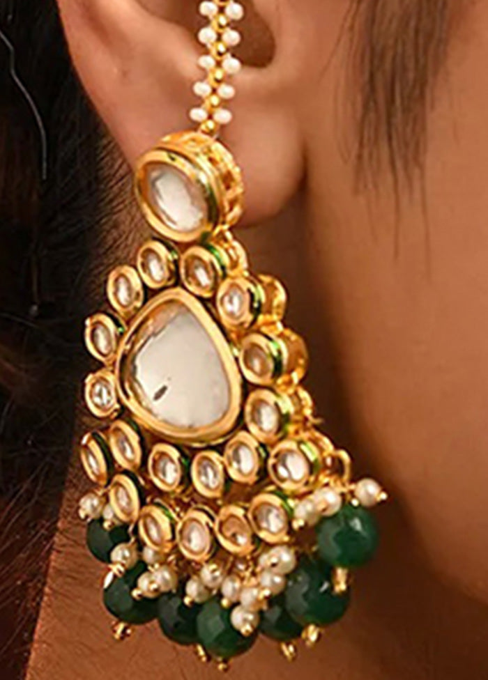 Green Gold Tone Kundan Earrings With Ear Chains - Indian Silk House Agencies