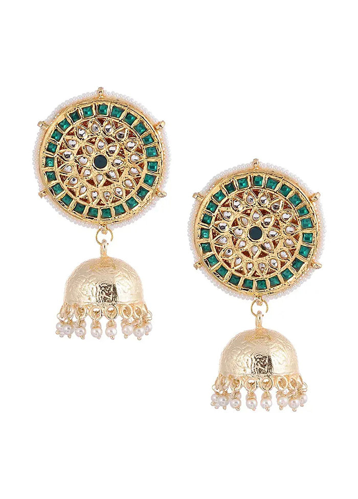 Green Gold Tone Jhumki Earrings With Pearls - Indian Silk House Agencies