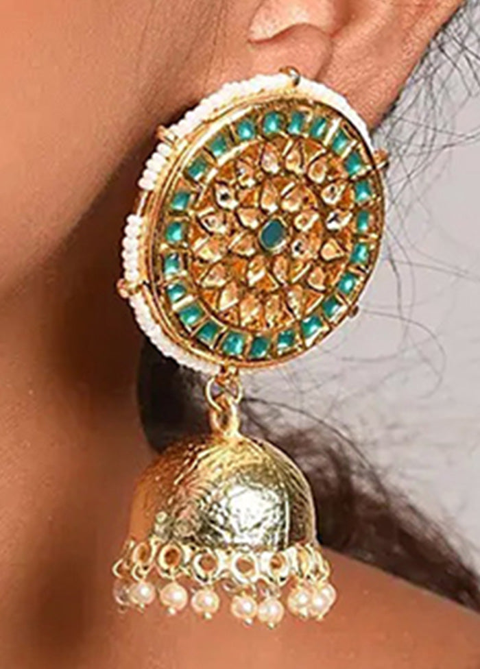 Green Gold Tone Jhumki Earrings With Pearls - Indian Silk House Agencies