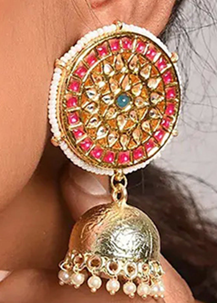 Red Gold Tone Jhumki Earrings With Pearls - Indian Silk House Agencies