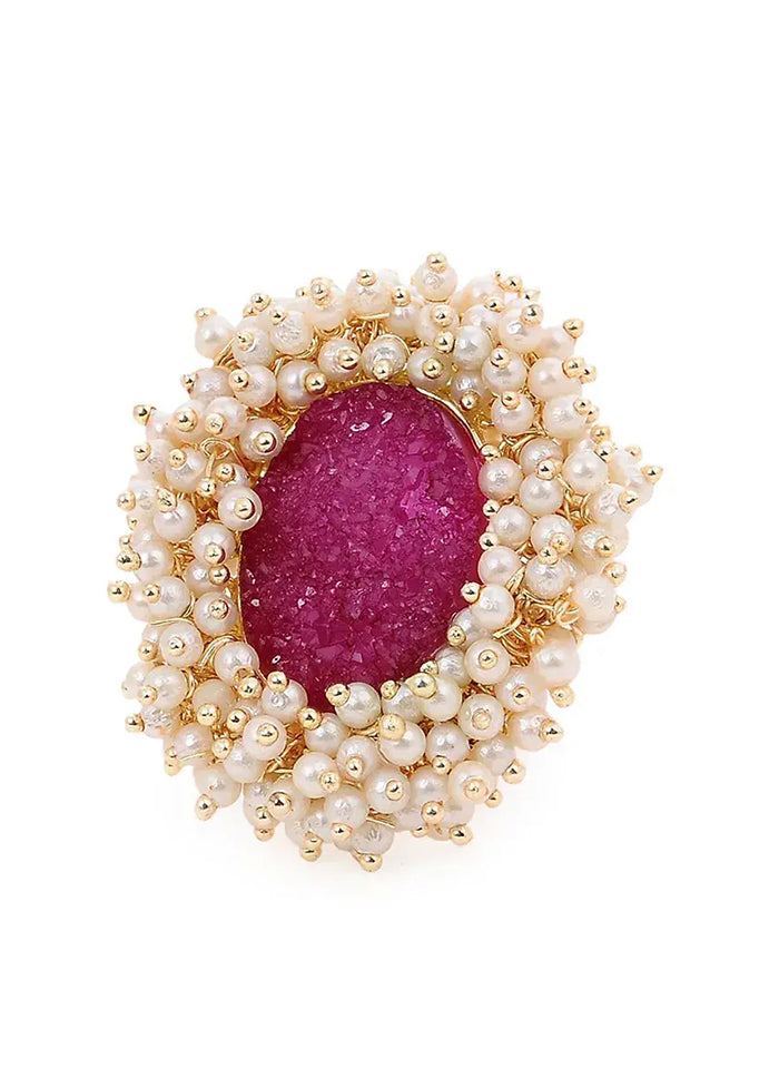 Pink Gold Tone Handcrafted Ring With Pearls - Indian Silk House Agencies