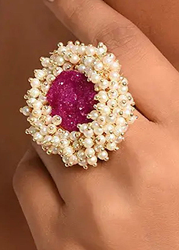 Pink Gold Tone Handcrafted Ring With Pearls - Indian Silk House Agencies