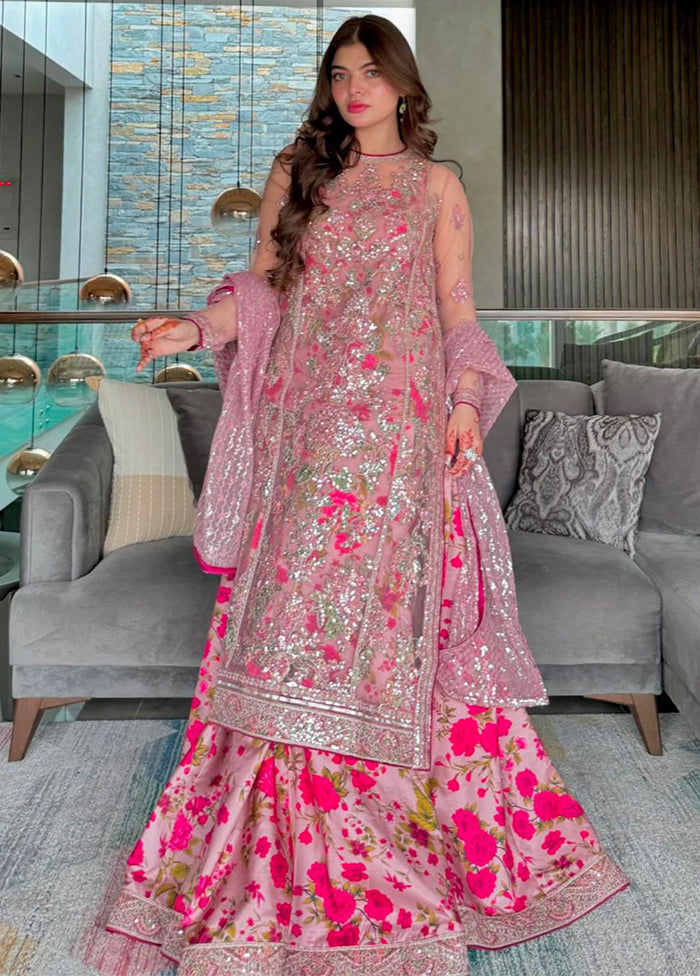 Pink Readymade Net Dupatta Indian Dress