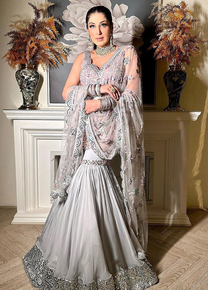 3 Pc Silver Readymade Georgette Dupatta Suit Set