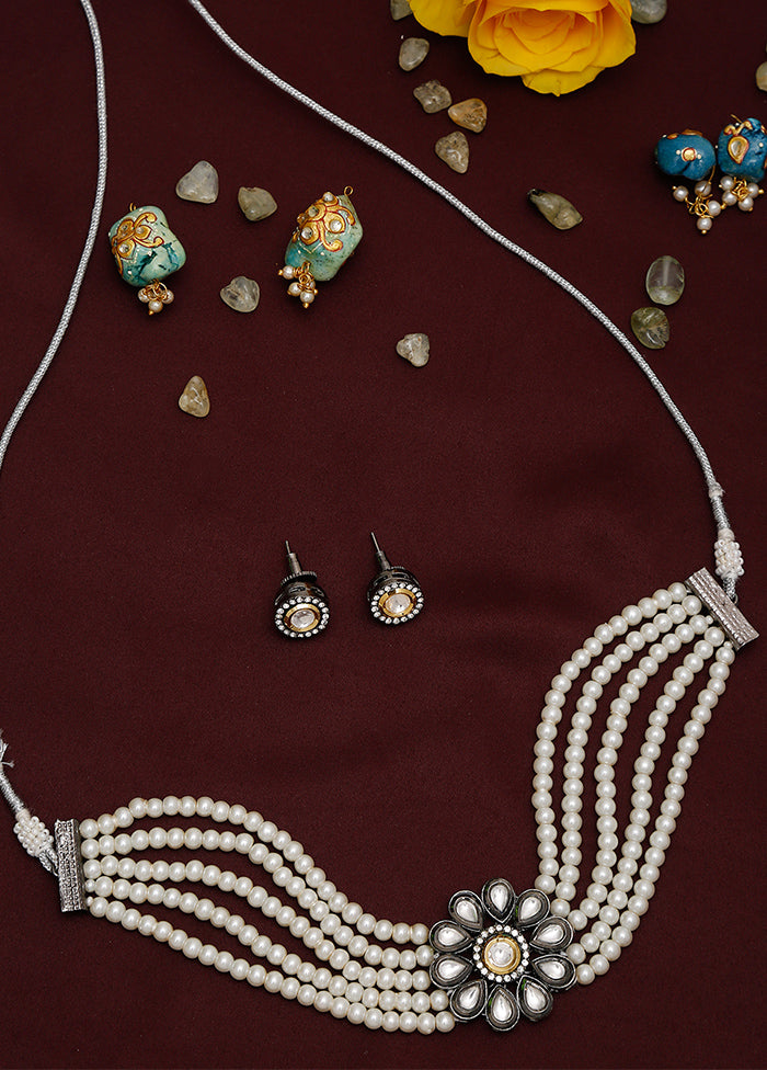 Silver Kundan And Pearl Choker Necklace Set With Studs - Indian Silk House Agencies