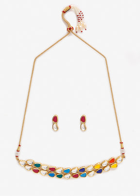 Multicolor Kundan Choker Necklace Set With Earrings - Indian Silk House Agencies