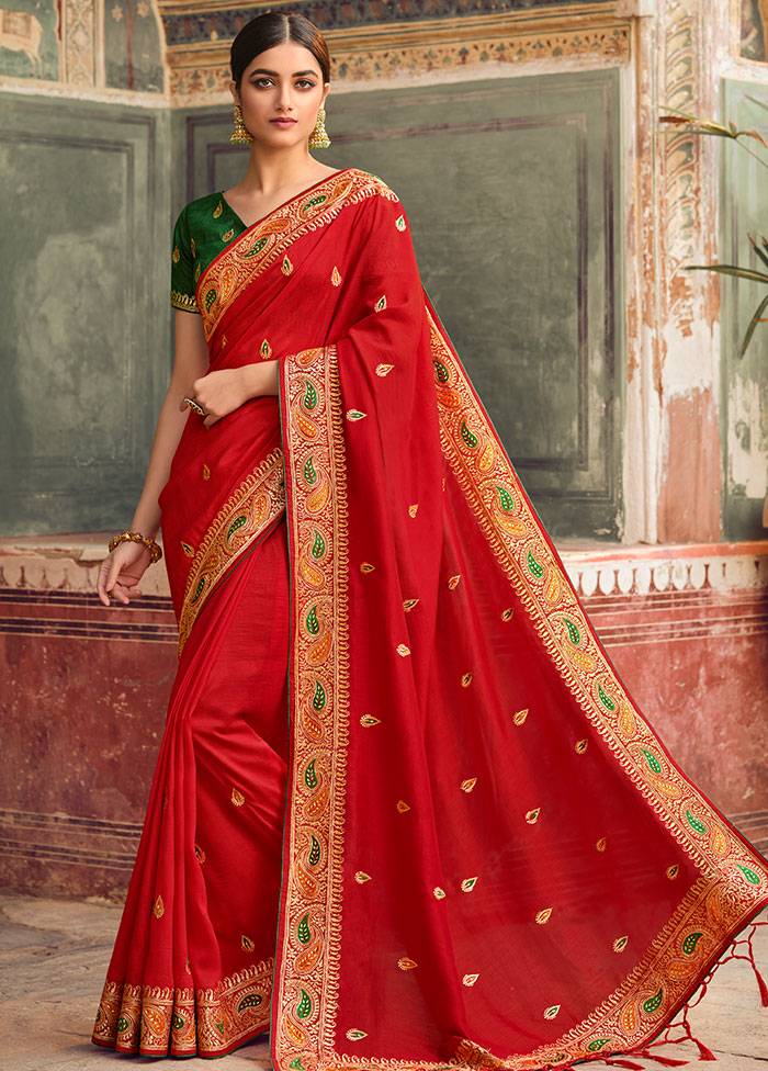 Red Zari Woven Spun Silk Saree With Blouse Piece - Indian Silk House Agencies