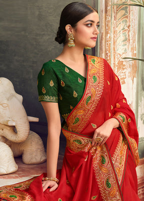 Red Zari Woven Spun Silk Saree With Blouse Piece - Indian Silk House Agencies