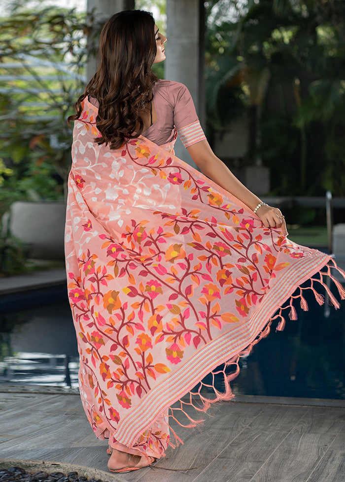 Peach Cotton Saree With Blouse Piece - Indian Silk House Agencies