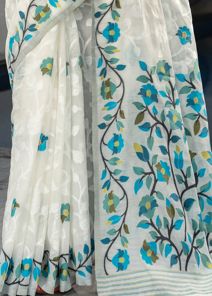 White Cotton Saree With Blouse Piece - Indian Silk House Agencies