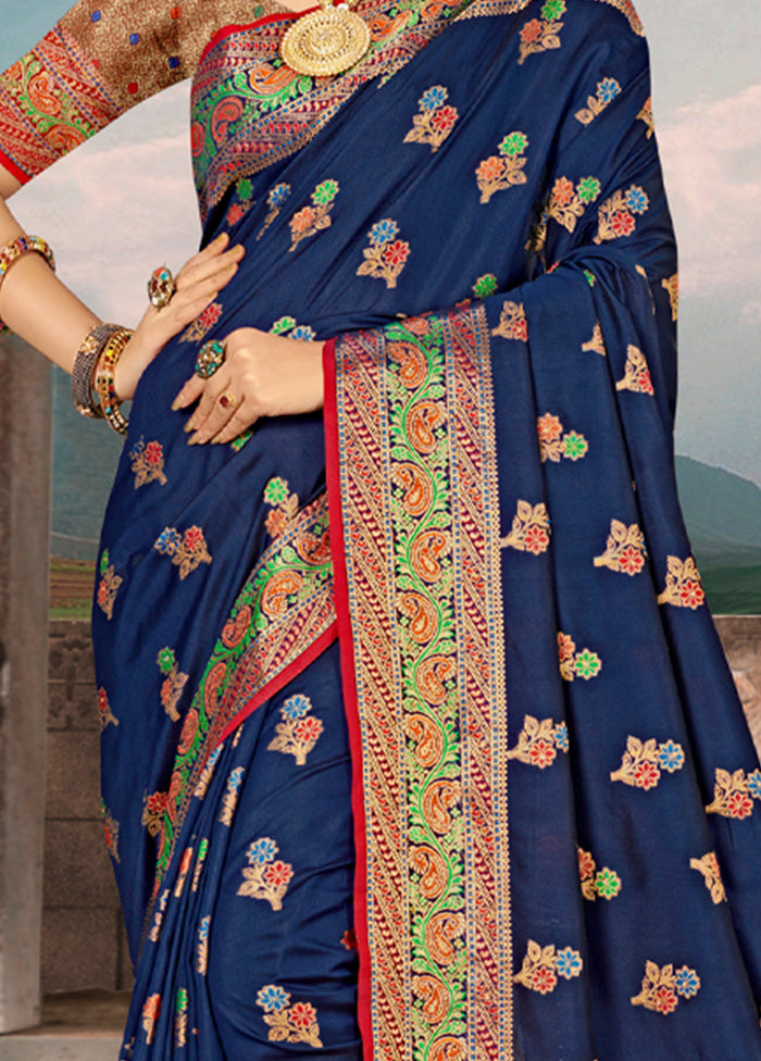 Navy Blue Spun Silk Saree With Blouse Piece - Indian Silk House Agencies