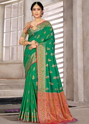 Green Spun Silk Saree With Blouse Piece - Indian Silk House Agencies