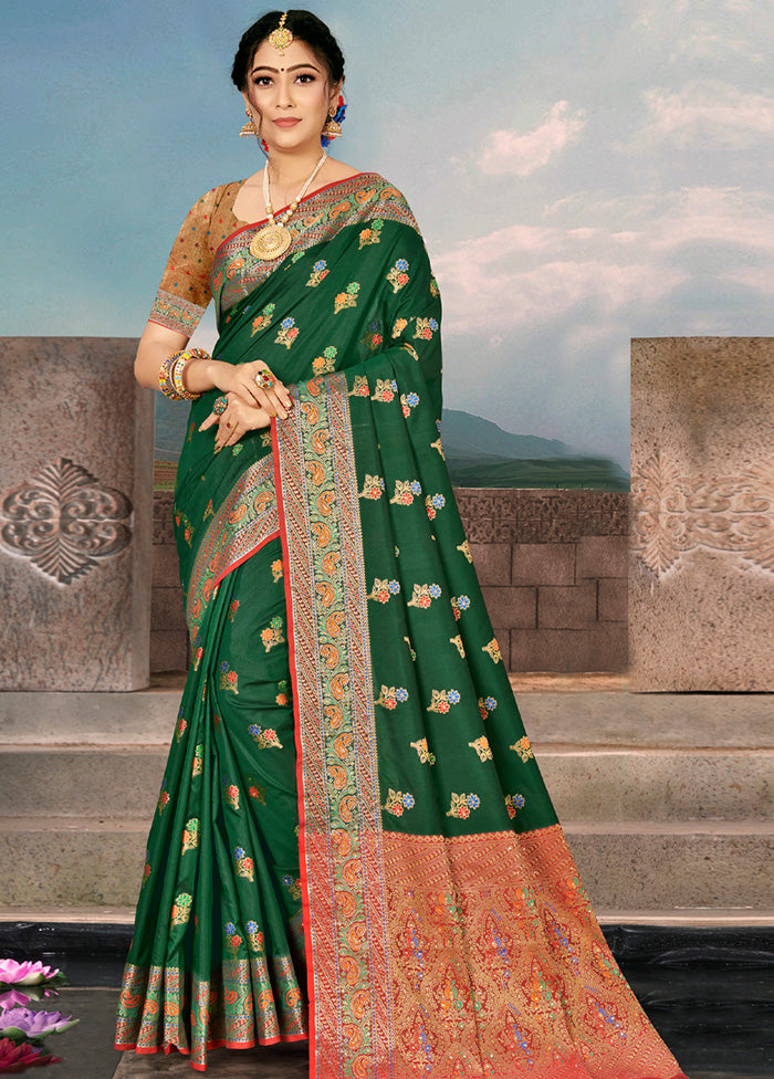 Dark Green Spun Silk Saree With Blouse Piece - Indian Silk House Agencies