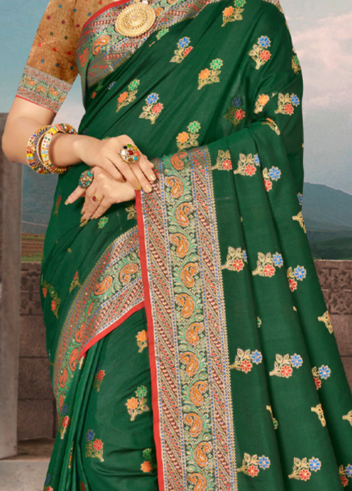 Dark Green Spun Silk Saree With Blouse Piece - Indian Silk House Agencies