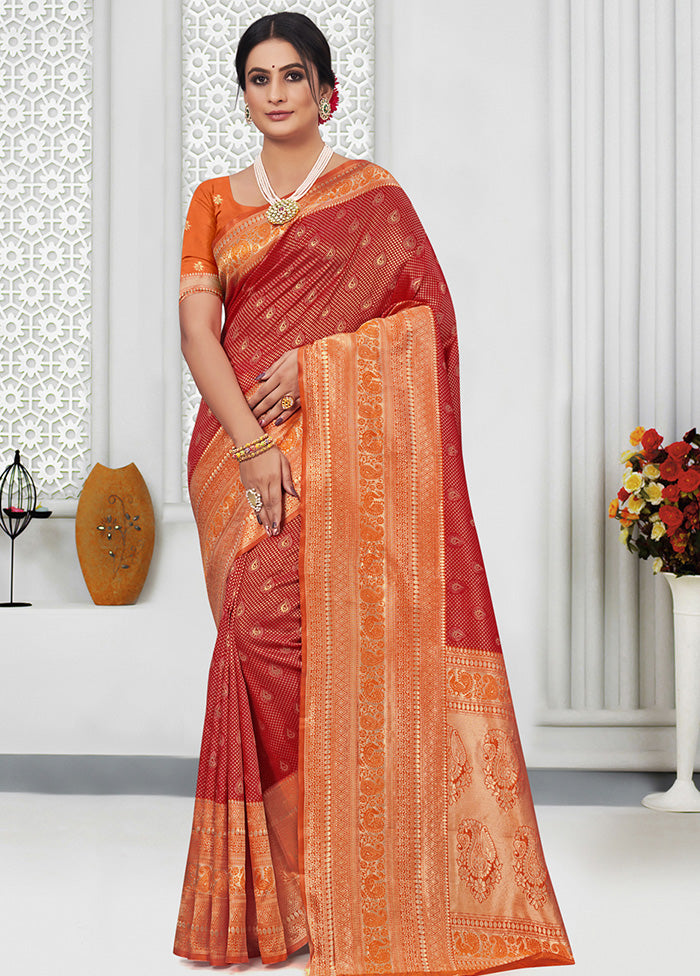 Red Spun Silk Saree With Blouse Piece - Indian Silk House Agencies