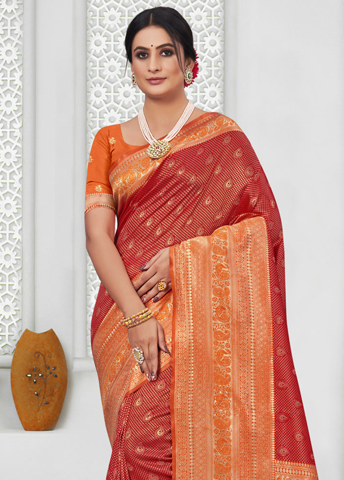 Red Spun Silk Saree With Blouse Piece - Indian Silk House Agencies