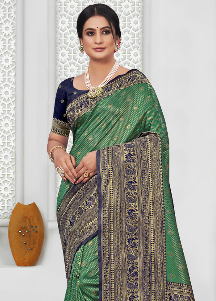 Green Spun Silk Saree With Blouse Piece - Indian Silk House Agencies