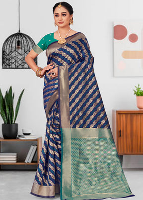 Navy Blue Spun Silk Saree With Blouse Piece - Indian Silk House Agencies