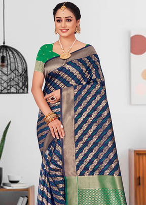 Navy Blue Spun Silk Saree With Blouse Piece - Indian Silk House Agencies