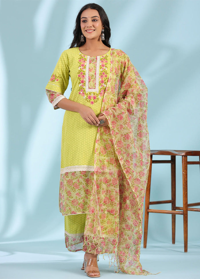 3 Pc Green Readymade Cotton Dupatta Suit Set