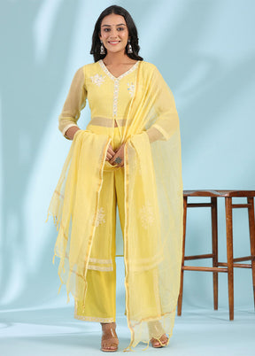 3 Pc Yellow Readymade Cotton Dupatta Suit Set