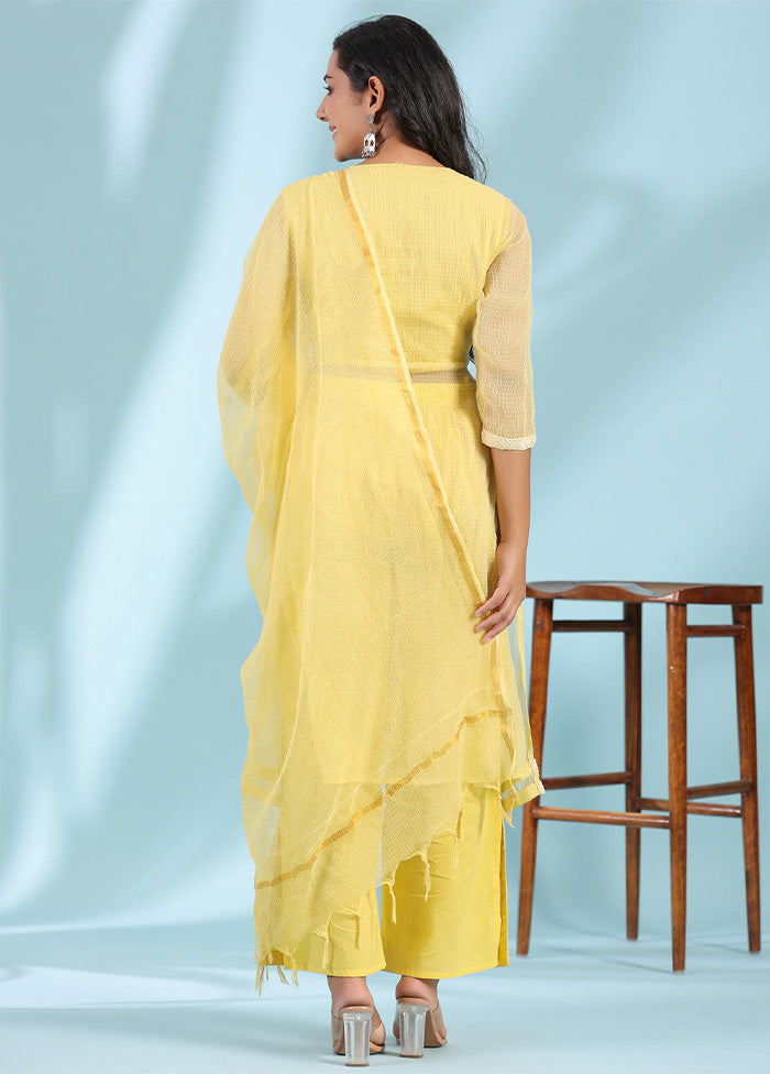 3 Pc Yellow Readymade Cotton Dupatta Suit Set