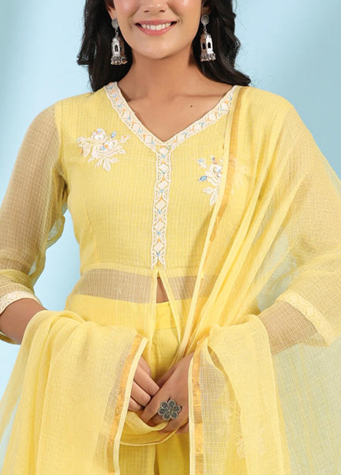 3 Pc Yellow Readymade Cotton Dupatta Suit Set