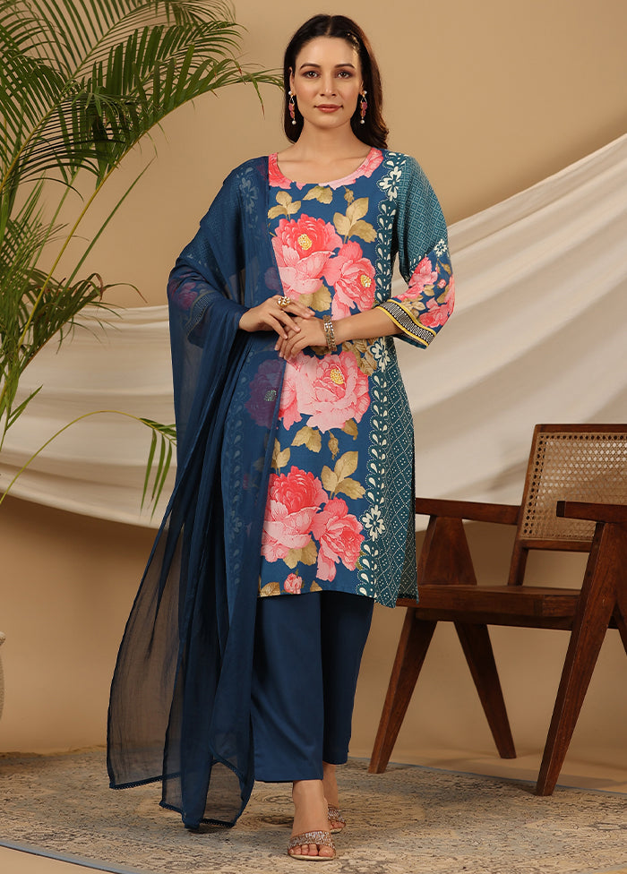 3 Pc Blue Pure Readymade Rayon Suit Set