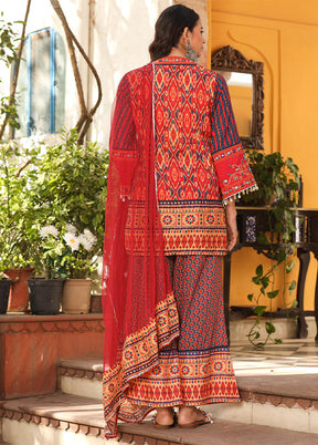 3 Pc Rust Readymade Cotton Dupatta Suit Set