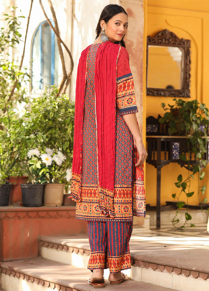 3 Pc Rust Readymade Cotton Dupatta Suit Set