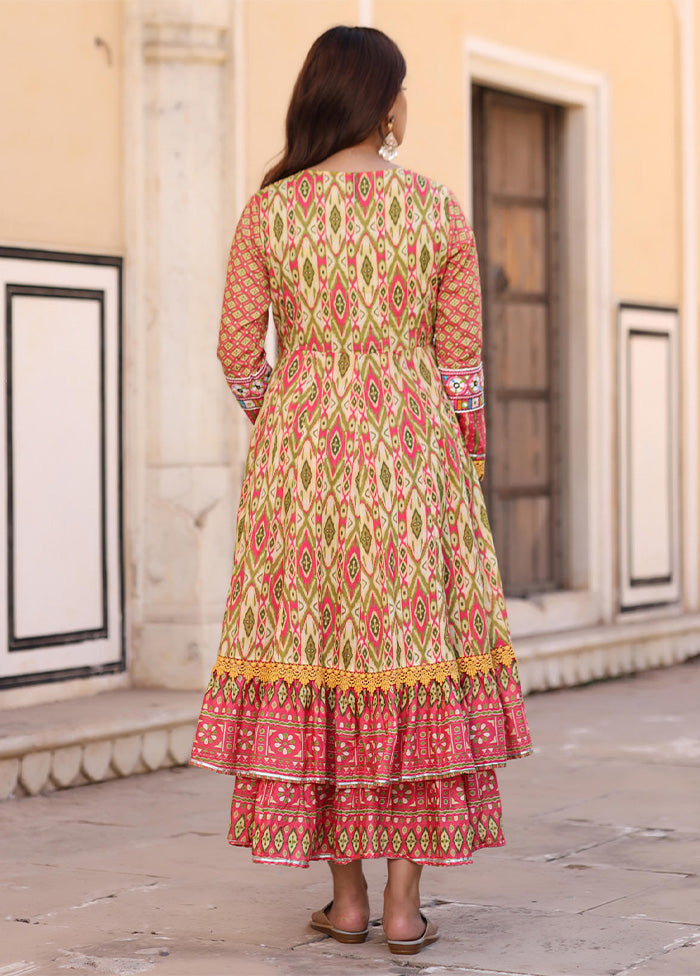 Green Readymade Cotton Indian Dress With Dori