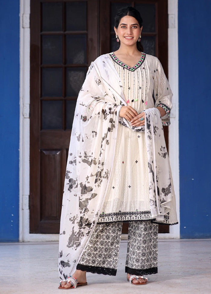 3 Pc Off White Readymade Cotton Dupatta Suit Set