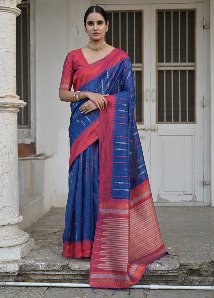 Blue Dupion Silk Saree With Blouse Piece