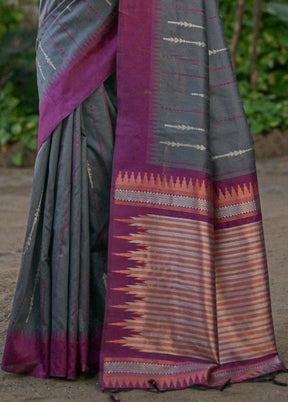 Grey Dupion Silk Saree With Blouse Piece