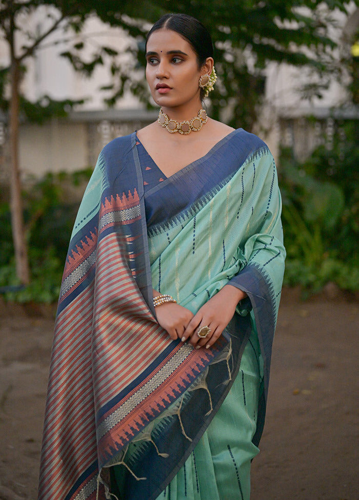 Sea Green Dupion Silk Saree With Blouse Piece