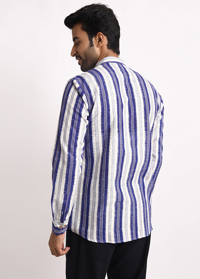 Blue Cotton Full Sleeves Mandarin Collar Short Kurta - Indian Silk House Agencies