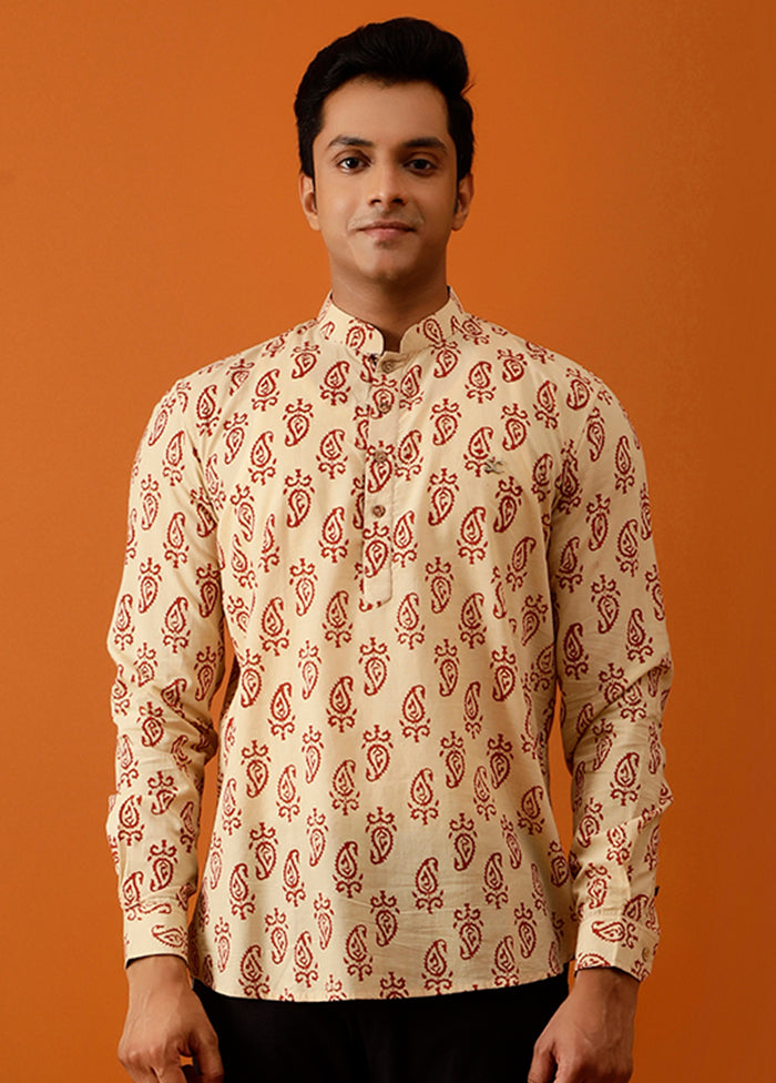 Beige Cotton Full Sleeves Mandarin Collar Short Kurta - Indian Silk House Agencies