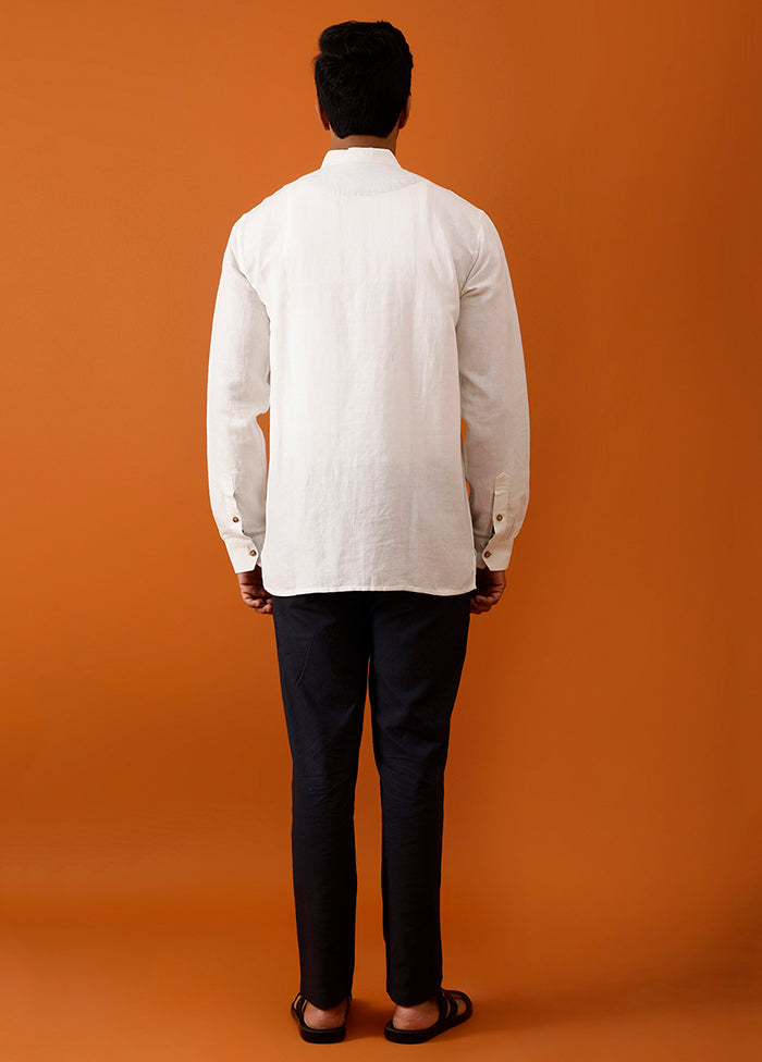 White Cotton Full Sleeves Mandarin Collar Short Kurta - Indian Silk House Agencies