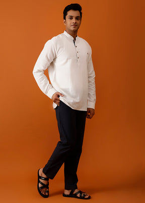 White Cotton Full Sleeves Mandarin Collar Short Kurta - Indian Silk House Agencies
