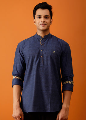 Dark Blue Cotton Full Sleeves Mandarin Collar Short Kurta - Indian Silk House Agencies
