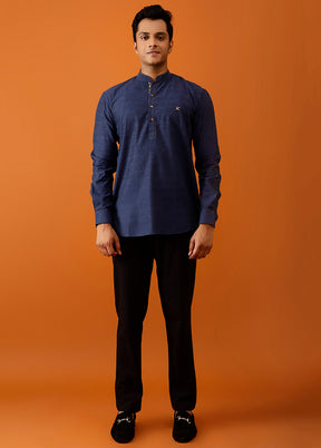 Dark Blue Cotton Full Sleeves Mandarin Collar Short Kurta - Indian Silk House Agencies