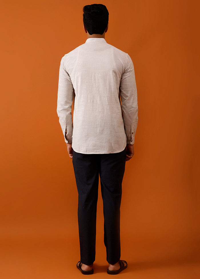 Off White Cotton Full Sleeves Mandarin Collar Short Kurta - Indian Silk House Agencies