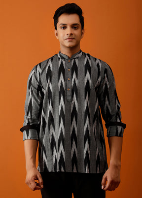 Black Cotton Full Sleeves Mandarin Collar Short Kurta - Indian Silk House Agencies