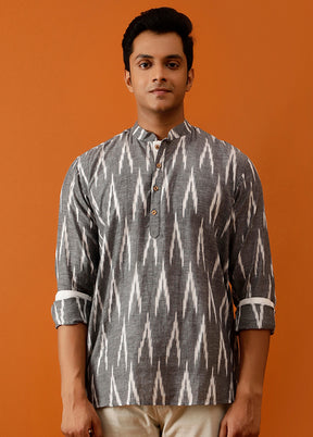 Grey Cotton Full Sleeves Mandarin Collar Short Kurta - Indian Silk House Agencies