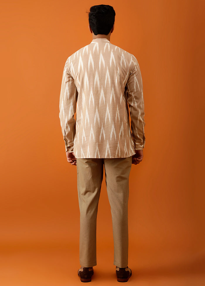 Beige Cotton Full Sleeves Mandarin Collar Short Kurta - Indian Silk House Agencies