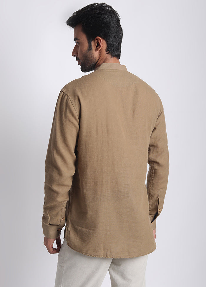 Brown Cotton Full Sleeves Mandarin Collar Short Kurta - Indian Silk House Agencies