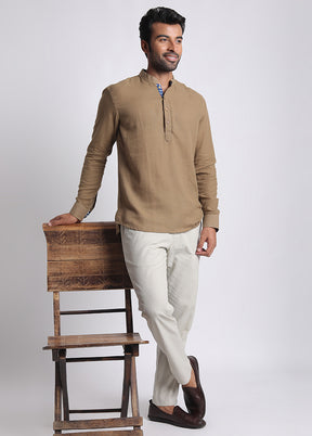 Brown Cotton Full Sleeves Mandarin Collar Short Kurta - Indian Silk House Agencies