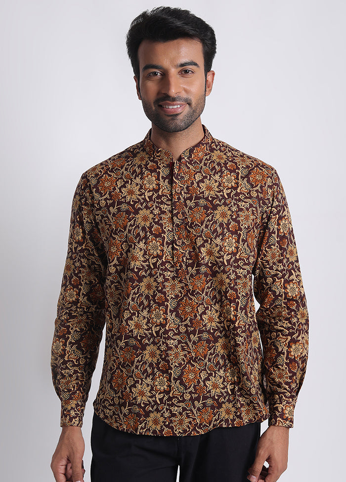 Maroon Cotton Full Sleeves Mandarin Collar Short Kurta - Indian Silk House Agencies