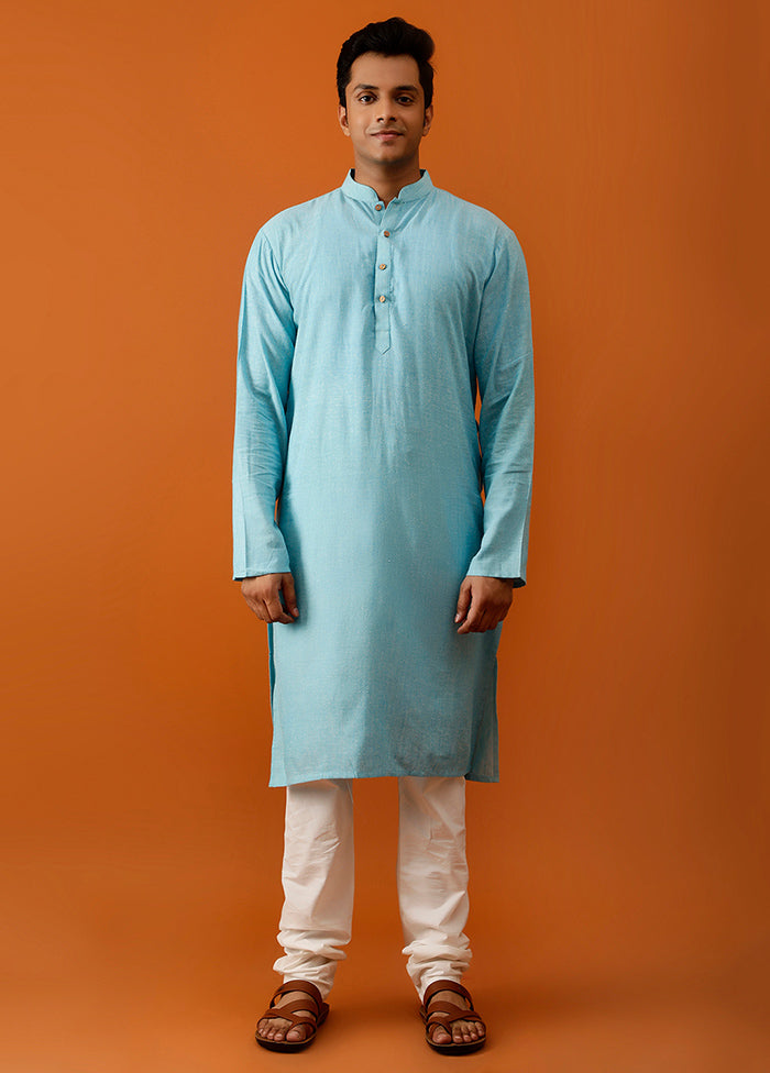 Green Cotton Full Sleeves Mandarin Collar Long Kurta And Pajama Set - Indian Silk House Agencies